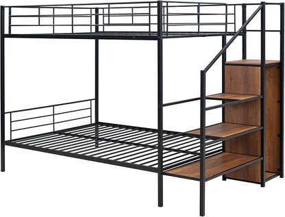 Full Over Full Metal Bunk Bed Frame with Lateral Storage Ladder & Wardrobe,Heavy-Duty Steel Frame Bunk Bed with Safety Guard Rails, for Kids Teens Adults, No Box Spring Needed - LeafyLoom