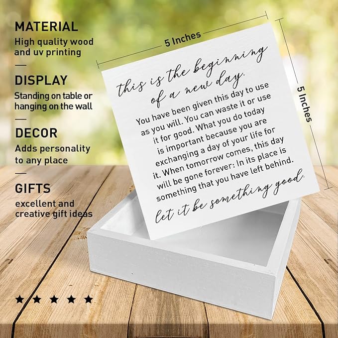 Home Office Desk Wooden Box Sign Decor, This Is The Beginning of A New Day, Inspirational Quotes Desk Decor Motivational Desk Decorations for Women Men Student Office Classroom School - LeafyLoom