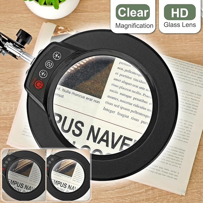 5X Magnifying Glass with Light and Stand, Upgrade Button 5 Color Modes Stepless Dimmable, 2-in-1 LED Lighted Magnifier Light, Hands Free Desk Lamp with Clamp for Craft Hobby Reading Close Work - LeafyLoom