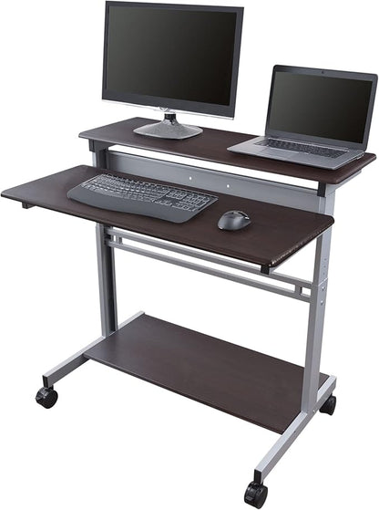 Stand Up Desk Store Rolling Adjustable Height Two Tier Standing Desk Computer Workstation (Silver Frame/Dark Walnut Top, 40" Wide) - LeafyLoom