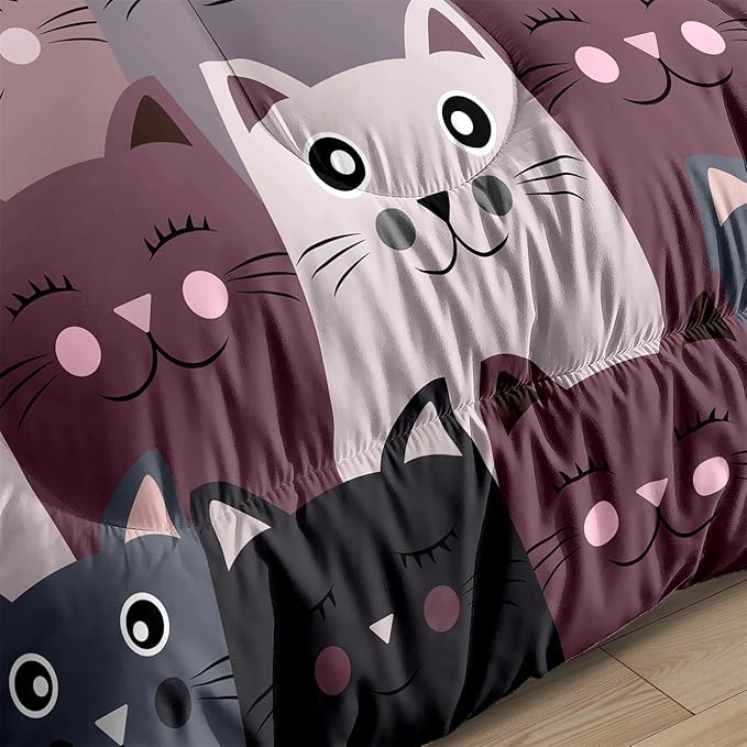 Cat Comforter Set Full Size - 3Pcs Grey Cat Bedding Set for Boys Girls Teens Cute Animals Themed Bedding Set Warm Ultra Soft Cartoon Cat Quilt Cover with 2 Pillowcases for Kids Room Decor - LeafyLoom