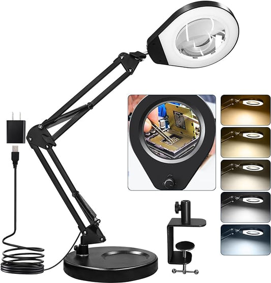 Magnifying Glass with Light and Stand & Clamp, Magnifying Desk Lamp with LED Lighted 5X Magnifier, Dual Fixtures, Upgraded Switch, for Hobby Craft Repair Reading Precision Work - LeafyLoom