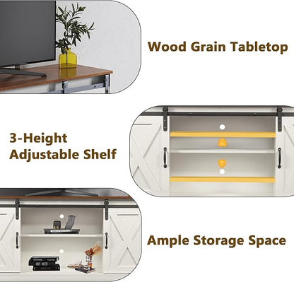 TV Stand with 2 Sliding Barn Doors, 59 Inch Television Stands with Adjustable Shelves for TVs Up to 65", Entertainment Center with Storage for Living Room, Distressed White - LeafyLoom