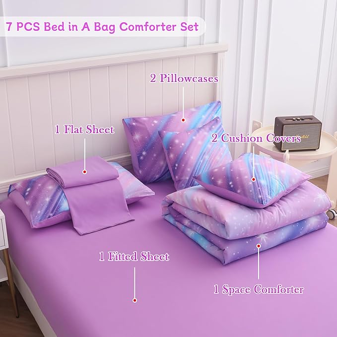 Full Size Bedding Sets Kids Bedding Sets for Girls,Galaxy Bedding 7pieces Glitter Pink Comforter Colorful Comforter Full Size Comforter Sets for Teen Girls(Twill Rainbow) - LeafyLoom