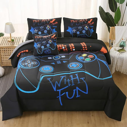 6Pcs Game Console Comforter Set with Sheets for Boys Girls Kids Teens, Geometric Gaming Themed Bed in A Bag Full Size, 3D Video Gamer Controller Bedroom Decor Bedding Set(Blue) - LeafyLoom