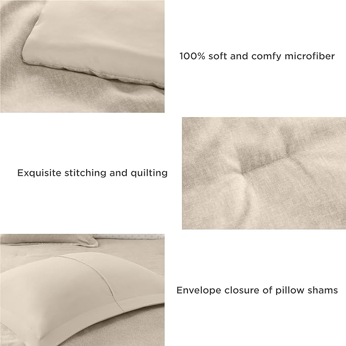 7 Pieces Beige Bedding Sets with Comforter, Modern Farmhouse Bed in a Bag Full Size, Solid Lightweight Comforter Set with Sheets, Pillowcases & Shams - LeafyLoom