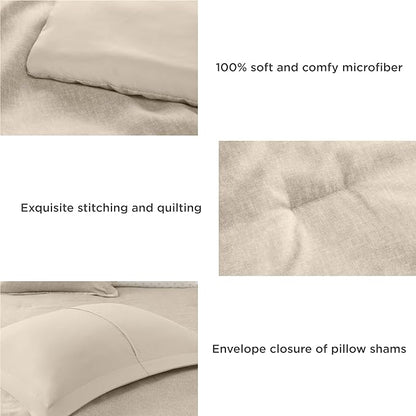 7 Pieces Beige Bedding Sets with Comforter, Modern Farmhouse Bed in a Bag King Size, Solid Lightweight Comforter Set with Sheets, Pillowcases & Shams - LeafyLoom