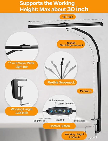 ACNCTOP LED Desk Lamp for Office Home - Eye-Caring Architect Task Lamp 25 Lighting Modes Adjustable Flexible Gooseneck Clamp Light for Workbench Drafting Reading Study (Black) - LeafyLoom