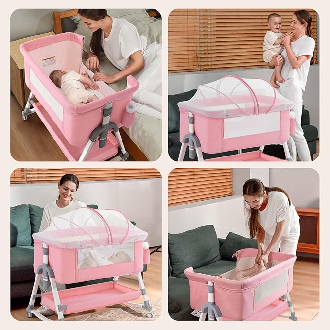 4 in 1 Baby Bassinet, Rocking Bassinets Bedside Sleeper with Comfy Mattress and Wheels, Height Adjustable Easy Folding Portable Bedside Crib for Newborn Infant,Pink - LeafyLoom