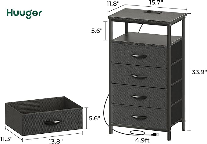 Night Stand with Charging Station, 4 Drawer Dresser for Bedroom, Bedside Table, 33.9 Inch Tall Nightstand with Open Shelf, End Table, for Closet, Entryway, Bedroom, Black - LeafyLoom