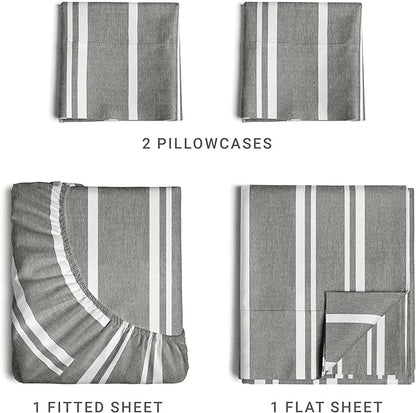 King Size 4 Piece Sheet Set - Comfy Breathable & Cooling Sheets - Hotel Luxury Bed Sheets for Women & Men - Deep Pockets, Easy-Fit, Soft & Wrinkle Free Sheets - Grey Stripes Oeko-Tex Bed Sheet Set - LeafyLoom