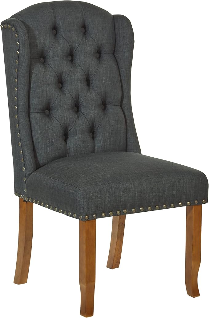 OSP Home Furnishings Jessica Button Tufted Wingback Upholstered Dining Chair with Wood Legs, Charcoal Fabric - LeafyLoom