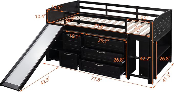 Twin Size Loft Bed with Slide and Storage Cabinets, Low Loft Bed Frame with Shelves for Kids and Teens, Wooden Loft Beds for Bedroom Guestroom, No Box Spring Needed, Espresso - LeafyLoom