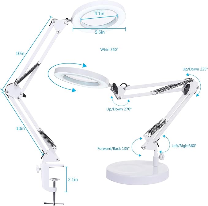 5X Magnifying Glass with Light and Stand, KIRKAS 2-in-1 Real Glass Lens Magnifying Desk Lamp with Clamp, 3 Color Modes, Stepless Dimmable Magnifier Light for Close Work Repair Reading Crafts- White - LeafyLoom