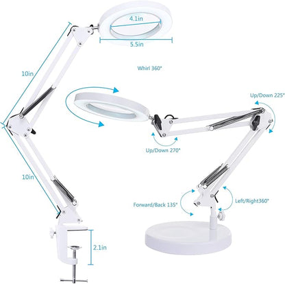 5X Magnifying Glass with Light and Stand, KIRKAS 2-in-1 Real Glass Lens Magnifying Desk Lamp with Clamp, 3 Color Modes, Stepless Dimmable Magnifier Light for Close Work Repair Reading Crafts- White - LeafyLoom