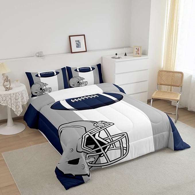 Feelyou Kids Football Comforter Set Queen Size Rugby Sports Bedding Set for Boys Teens Decor Soccer Ball Game Comforter American Football Grey Blue Duvet Set Quilt 3Pcs Boys - LeafyLoom