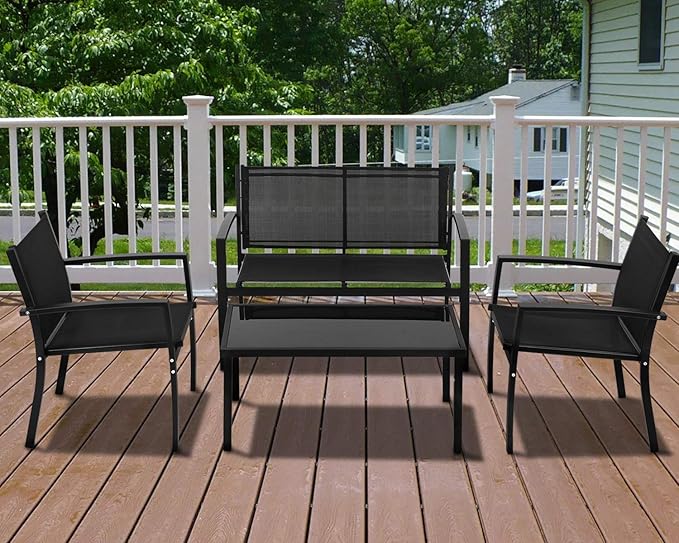 FDW 4 Piece Patio Conversation Sets with Metal Patio Furniture Tempered Glass Tabletop Waterproof Textilene for Outside Backyard Lawn Balcony - LeafyLoom