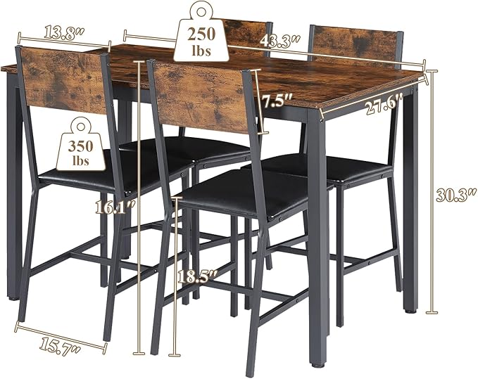 4 Chairs Dining Table Set for 4-8, Modern Space Saving Kitchen Desk, Wooden Industrial Style Farmhouse, 47", Leather Black Brown - LeafyLoom