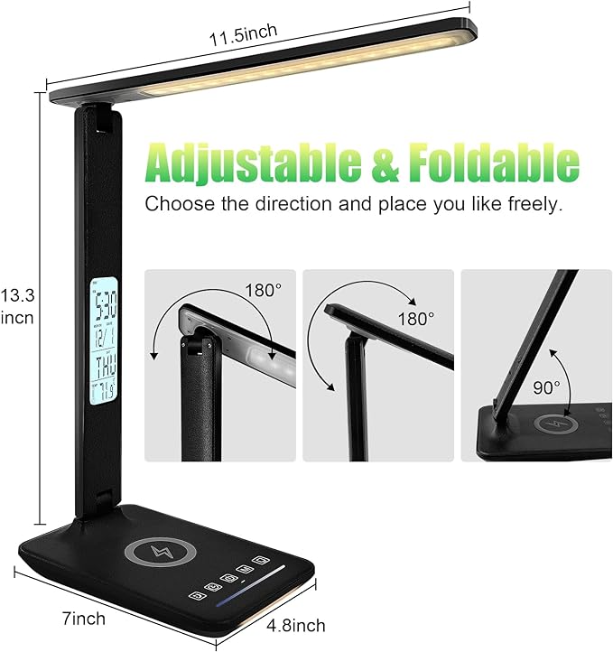 Desk Lamp with Wireless Charger, USB Charging Port, Dimmable Office Desk Light with Clock, Alarm, Date, Temperature, Foldable Lamp for Table Bedroom Bedside Office (Black Pro) - LeafyLoom