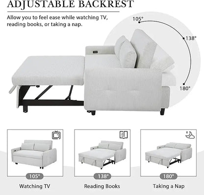 3-in-1 Corduroy Upholstered Futon Loveseat Sofa w/Pull Out Bed and USB Ports, 57.48" Pullout Couch Chaise Lounge with Adjustable Backrest and Throw Pillows for Living Room Small Space - LeafyLoom