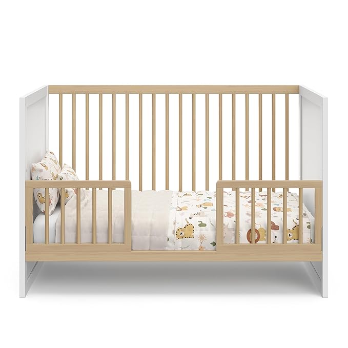 Storkcraft Calabasas 3-in-1 Convertible Crib (White with Driftwood) – GREENGUARD Gold Certified, Fits Standard Crib Mattress, Converts to Toddler Bed, Modern Style, Easy 30-Minute Assembly - LeafyLoom