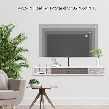 Floating TV Unit, 47'' Wall Mounted TV Cabinet, Floating Shelves with Door, Modern Entertainment Media Console Center Large Storage TV Bench for Living Room & Office (47.24IN, Grey White) - LeafyLoom