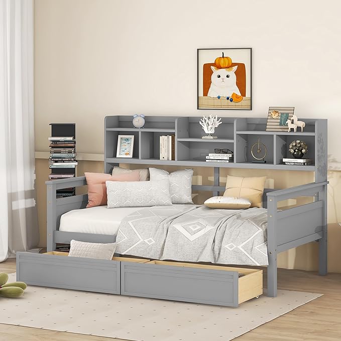 Merax Twin Wood Daybed with Bedside Shelves and Two Drawers Sofa Bed Frame for Kids Boys Girls/No Box Spring Needed Gray - LeafyLoom