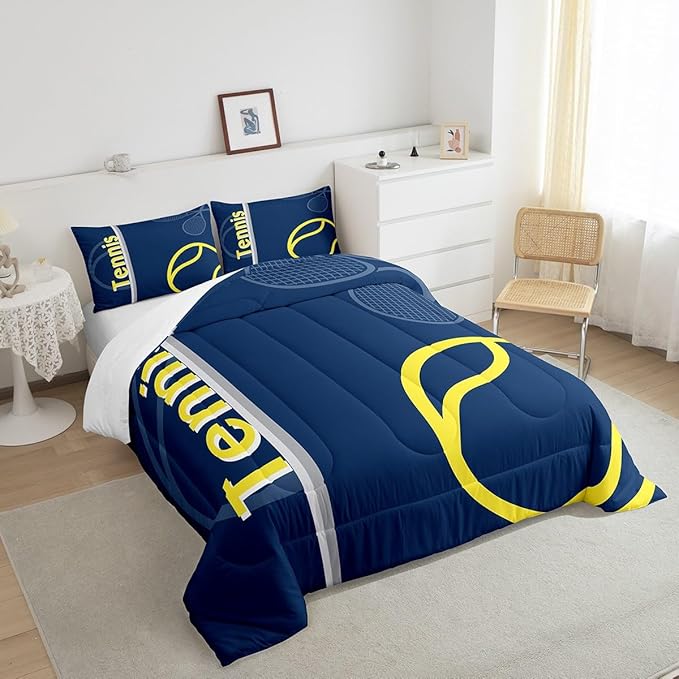 Feelyou Kids Tennis Comforter Set King Size Tennis Sports Bedding Set for Boys Girls Teens Bedroom Decor Tennis Gaming Comforter Blue Yellow Tennis Lovers Duvet Set with 2 Pillow Case - LeafyLoom