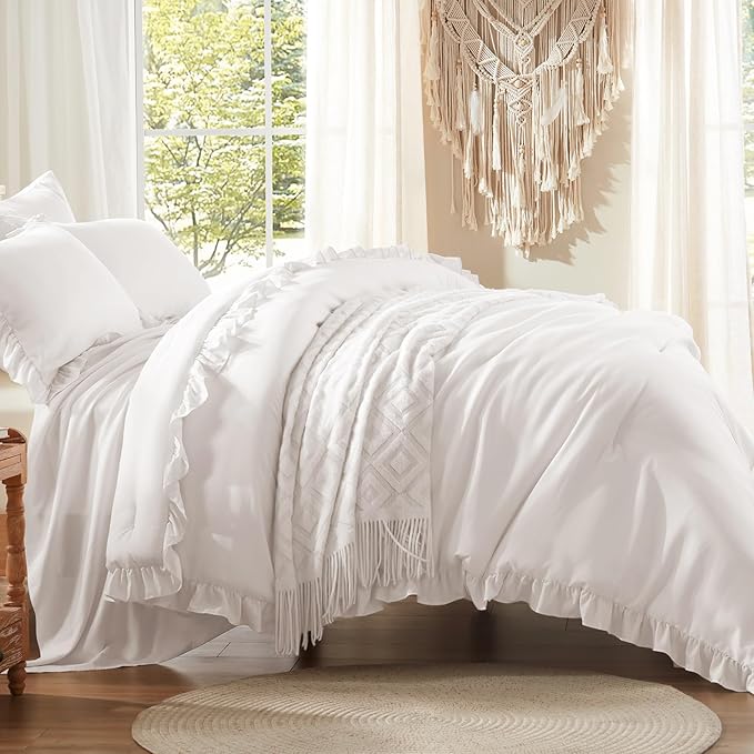 Anluoer King Comforter Set 7 Piece, White Bed in a Bag with Sheets, All Season Ruffle Shabby Chic Bedding Sets with 1 Comforter, 2 Pillow Shams, 2 Pillowcases, 1 Flat Sheet, 1 Fitted Sheet - LeafyLoom