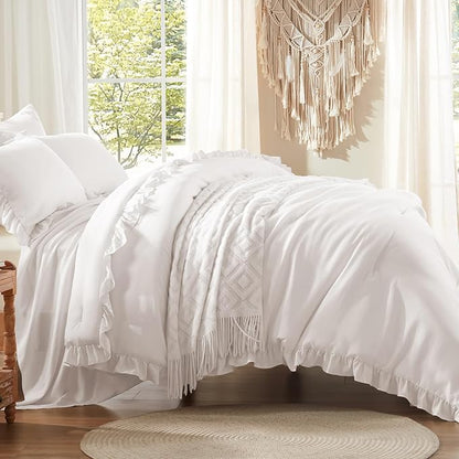 Anluoer King Comforter Set 7 Piece, White Bed in a Bag with Sheets, All Season Ruffle Shabby Chic Bedding Sets with 1 Comforter, 2 Pillow Shams, 2 Pillowcases, 1 Flat Sheet, 1 Fitted Sheet - LeafyLoom