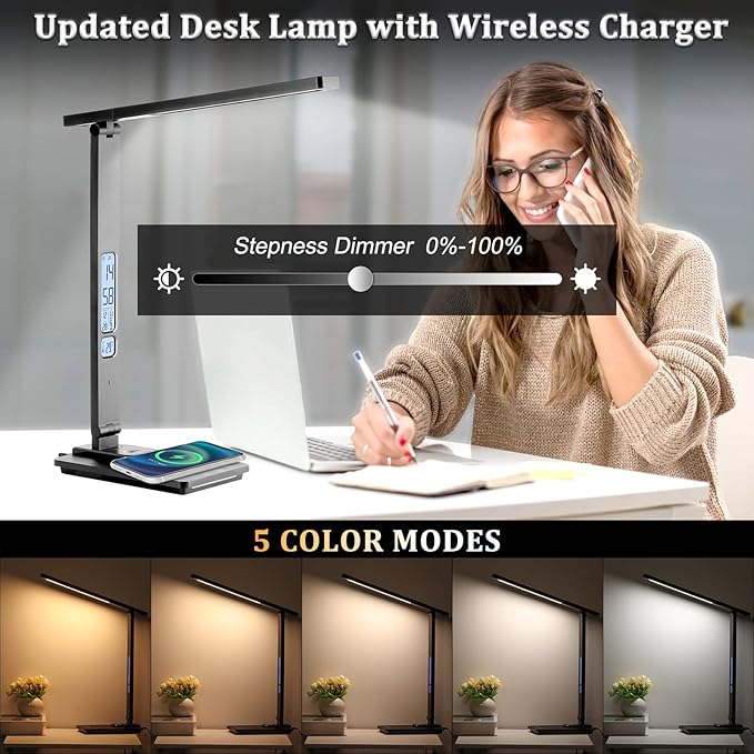 Dott Arts LED Desk Lamp with Wireless Charger, Touch Control Study Lamp with USB Charging Port, Table Lamp with Clock, Alarm, Date, Temperature, Office Lamp, Desk Lamps for Home Office,Black - LeafyLoom