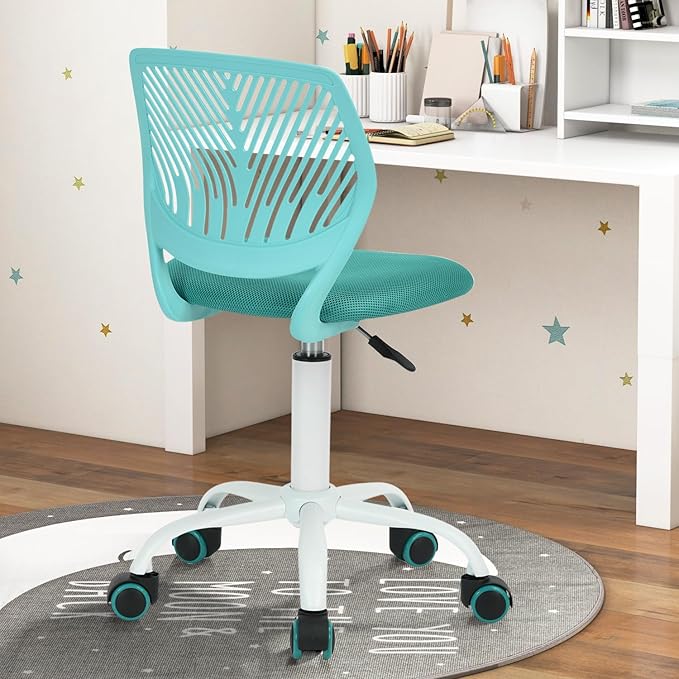 FurnitureR Desk Chair Small Study Chairs Armless for Child Kids Teens, Swivel Rolling Lightweight Task Chair with Wheels and Mesh Padded Cushion, Turquoise - LeafyLoom