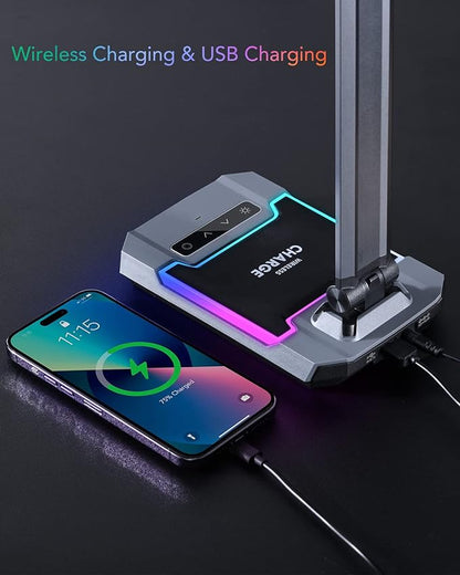 WILIT LED RGB Gaming Desk Lamp, Voice Activated Changing Colors Rhythm Light with Wireless Charger and USB Charging Port, Colorful Ambient Light Touch Table Lamp for Gaming, PC, Room Decoration - LeafyLoom