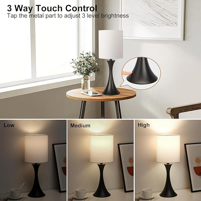 3 Way Touch Control Table Lamp, Modern Bedside Lamp for Bedroom, Dimmable Black Nightstand Lamp White Shade Desk Reading Light for Living Room Office Dorm, 3000K LED Bulb Included - LeafyLoom