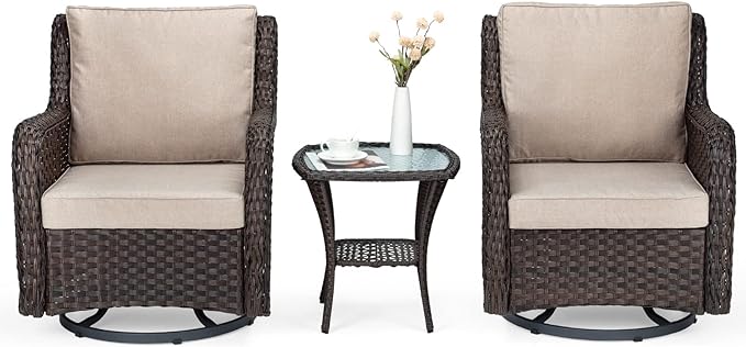 IDEALHOUSE 3 Pieces Outdoor Wicker Swivel Rocker Patio Set, 360-Degree Swivel Rocking Chair Elegant Wicker Patio Bistro Set with Tempered Glass Top Side Table (Apricot) - LeafyLoom