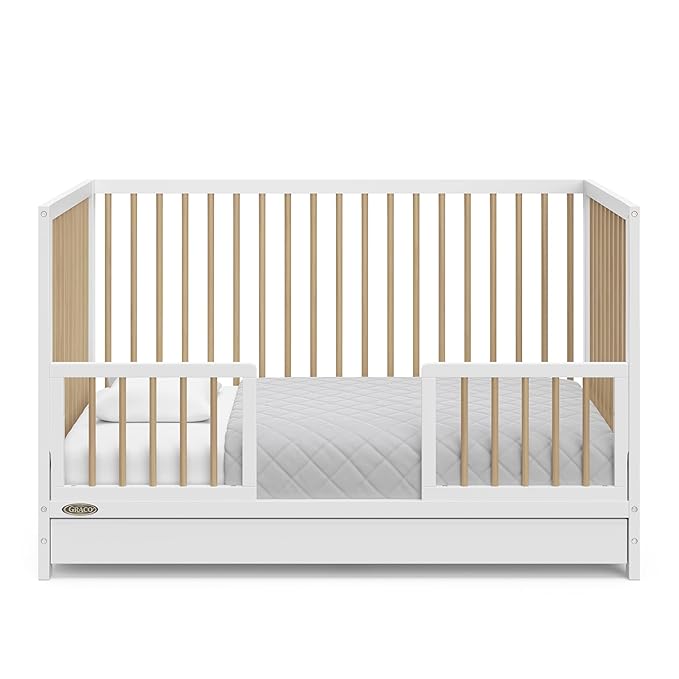 Graco Teddi 5-in-1 Convertible Crib with Drawer (White with Driftwood) – GREENGUARD Gold Certified, Crib with Drawer Combo, Full-Size Nursery Storage Drawer, Converts to Toddler Bed - LeafyLoom