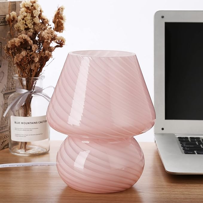 BSOD Pink Mushroom Lamp,Glass Mushroom Bedside Table Lamps Translucent Murano Vintage Style Striped Small Nightstand Desklamp Swirl Light for Home Decor, Dining, Living, Bedroom, Gift (Stripe Pink) - LeafyLoom