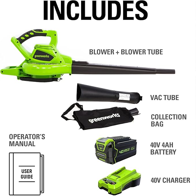 Greenworks 40V (185 MPH / 340 CFM / 75+ Compatible Tools) Cordless Brushless Leaf Blower / Vacuum, 4.0Ah Battery and Charger Included - LeafyLoom