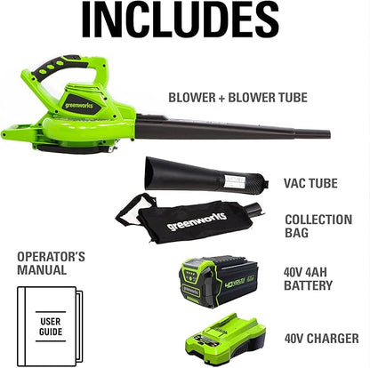 Greenworks 40V (185 MPH / 340 CFM / 75+ Compatible Tools) Cordless Brushless Leaf Blower / Vacuum, 4.0Ah Battery and Charger Included - LeafyLoom