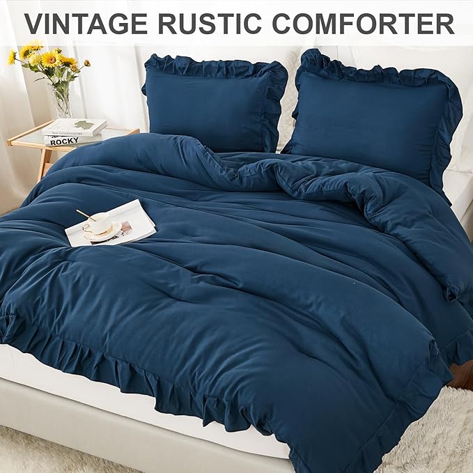 Andency Navy Blue Comforter Twin Size, 2 Pieces Kids Bed Comforter Set, Solid Ruffle Shabby Chic Farmhouse Comforter, Lightweight Soft Down Alternative Microfiber Bedding Set - LeafyLoom