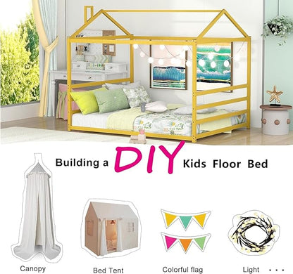 Queen Size Metal Floor Bed for Kids,Montessori Floor Bed with Roof,House Bed Frame for Boys Girls,Metal House Shape Platform Bed,Gold - LeafyLoom