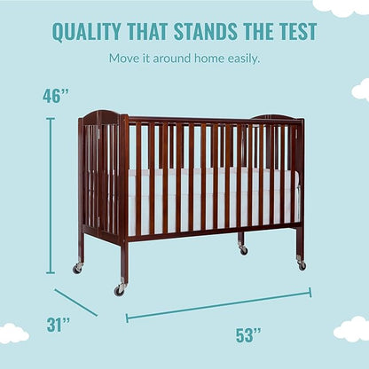 Folding Full Size Convenience Crib In Espresso, Two Adjustable Mattress Height Positions, Comes With Heavy Duty Locking Wheels, Flat Folding Crib - LeafyLoom