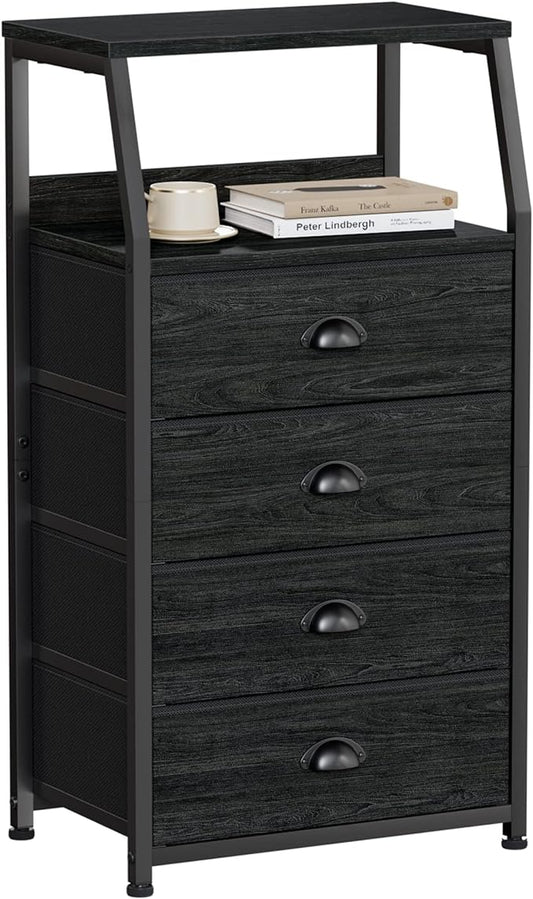 Furnulem Tall 4 Drawers Dresser, Vertical Storage Tower Black Dresser for Bedroom, Hallway, Entryway, Nursery, Closet Organizer, Nightstand Bedside Table Furniture, Sturdy Steel Frame, Wood Top - LeafyLoom