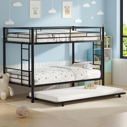 VECELO Twin Over Twin Bunk Bed with Trundle, Metal Bunkbeds with Ladder and Full-Length Guardrail, Noise Free, No Box Spring Needed, Black - LeafyLoom