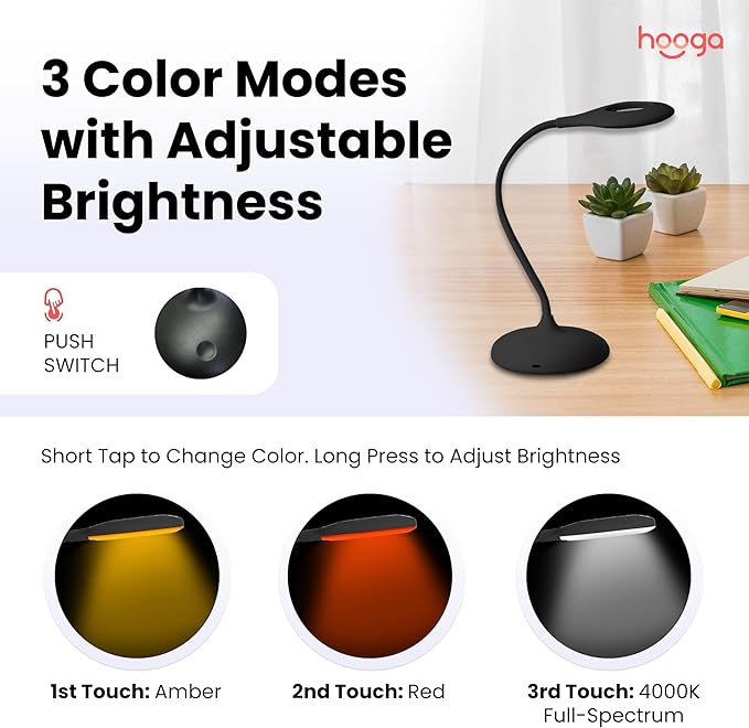 Hooga Desk Lamp, Blue Light Blocking, 3 Color Modes, 1600K Amber, Red, 4000K Full-Spectrum White Light. Office Lamp. Dimmable Reading Lamp. Reduces Eye Strain. Rechargeable. Circadian Rhythm Friendly. - LeafyLoom