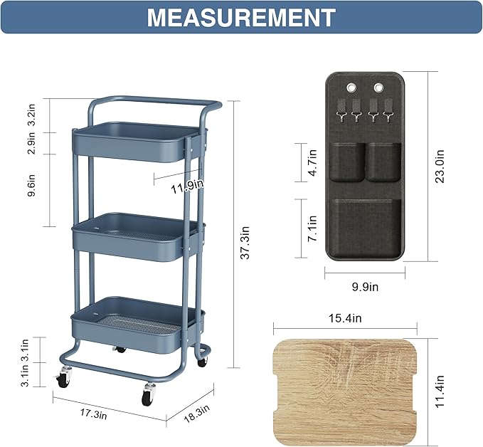 DTK 3 Tier Metal Utility Rolling Cart with Table Top and Side Bags, Metal Tray Storage Organizer Cart with Wheels, Art Craft Cart with 4 Hooks for Kitchen Bathroom Office Living Room (Blue) - LeafyLoom