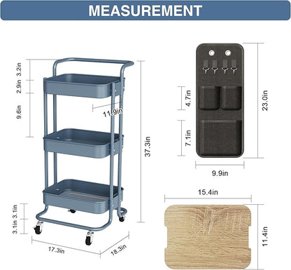 DTK 3 Tier Metal Utility Rolling Cart with Table Top and Side Bags, Metal Tray Storage Organizer Cart with Wheels, Art Craft Cart with 4 Hooks for Kitchen Bathroom Office Living Room (Blue) - LeafyLoom