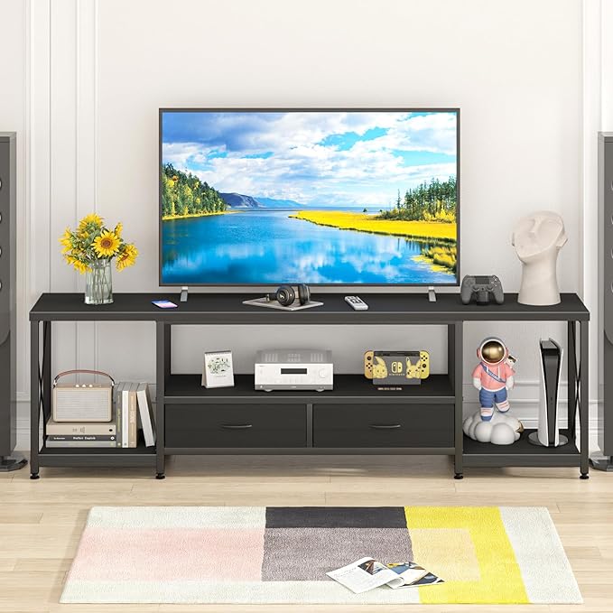 TV Stand with Fabric Drawers for 75 80 Inches TV - Entertainment Center and Industrial TV Console Table with Open Storage Shelves for Living Room, Bedroom- 71.5" Black - LeafyLoom