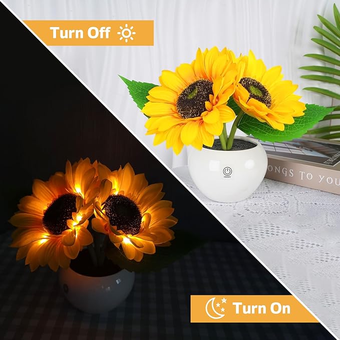 Rechargeable Sunflower Table Lamp - LED Artificial Flowers Desktop Lamp Night Light with Porcelain Vase, Cordless Touch Lamp for Bedroom Living Room Desk Decor, Birthday Gift for Her Girl Mom - LeafyLoom