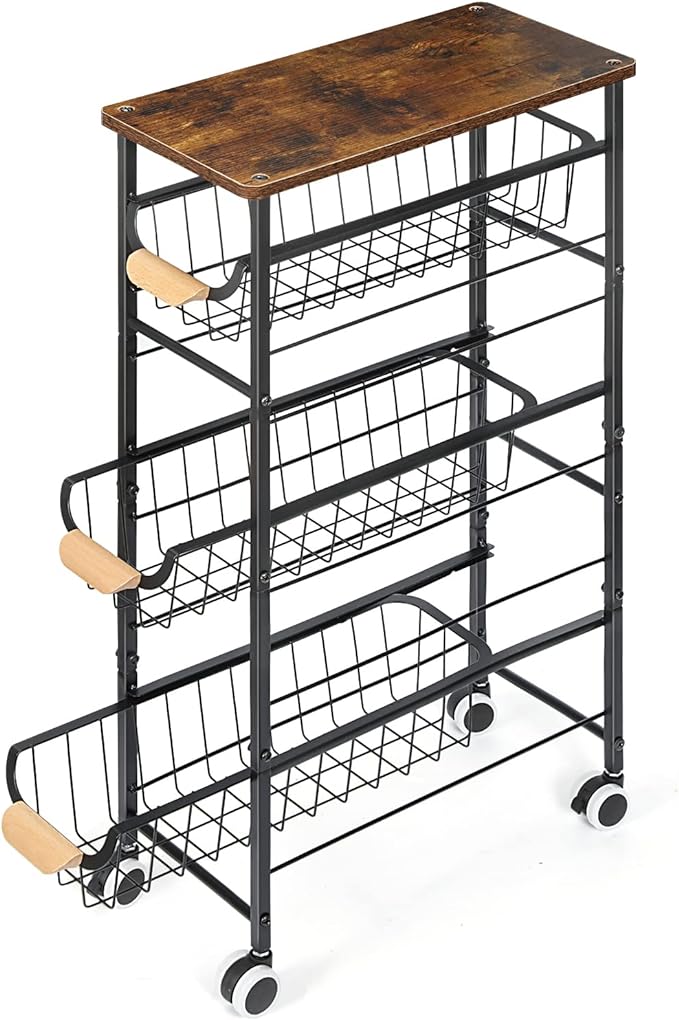 4-Tier Slim Storage Cart, Kitchen Rolling Utility Cart Bathroom Organizer Laundry Room Organization Mobile Shelving Unit with Slide-Out Metal Wire Baskets, Wooden Tabletop & Wheels for Narrow Space - LeafyLoom